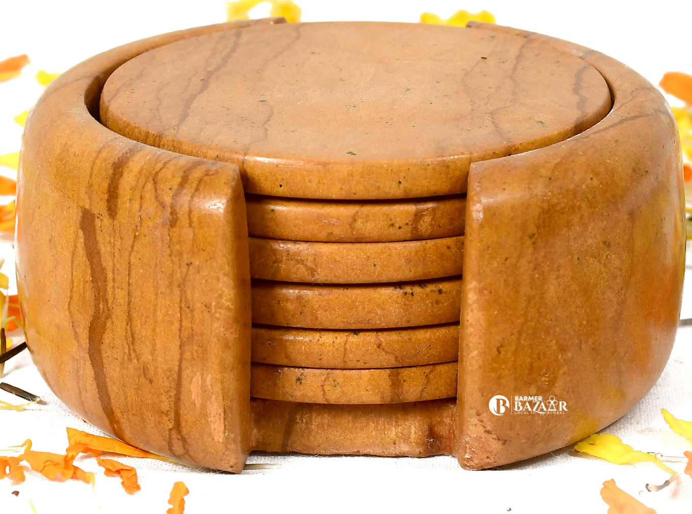 Stone Coaster Handmade Carved Set of 6 with Decorative Holder Tabletop Coasters for Tea Coffee Cups Mugs Beer Cans Bar Glass