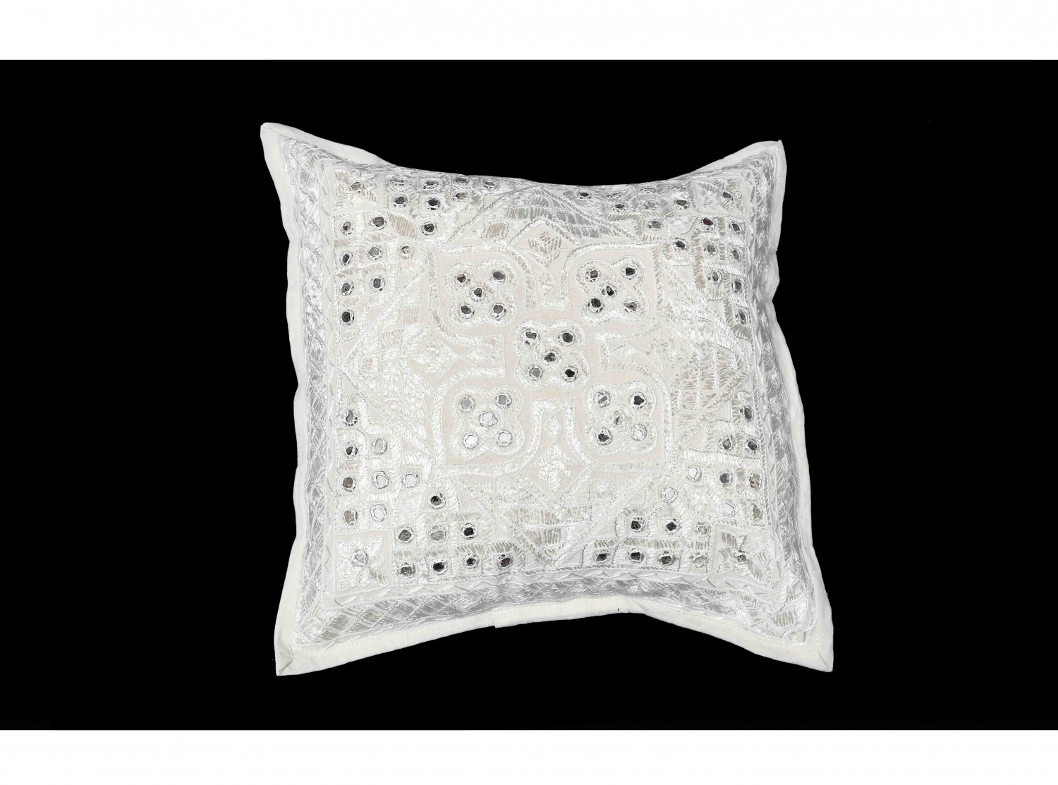 Gujarati White Mirror Embroidered Cushion Cover