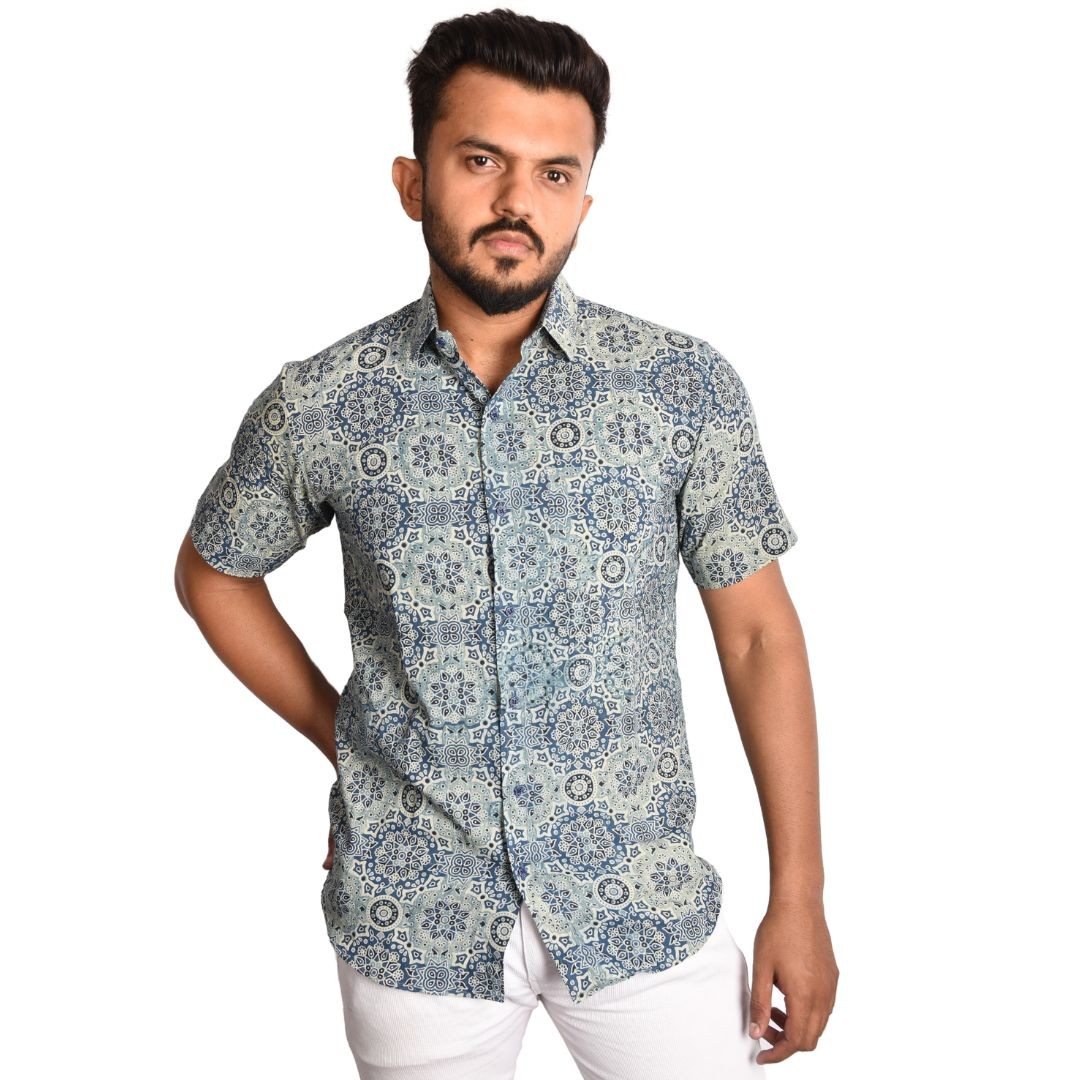 Ajrakh Printed Half Shirt for Men, Stylish Men Shirt, Cotton Shirt Men